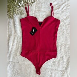 Express Body Contour Pink Ribbed Bodysuit with Sweetheart Neckline